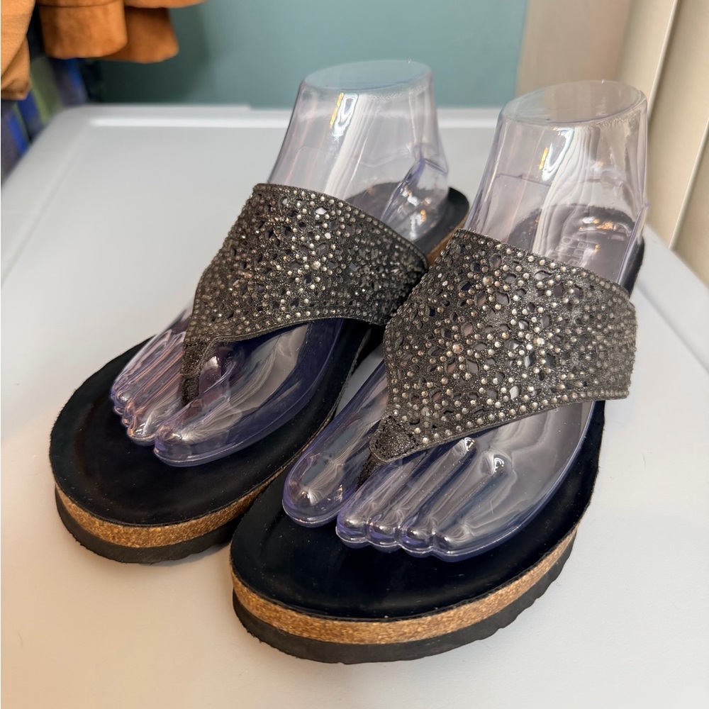 Lauren Blackwell Elegant Black Rhinestone Women's Wedge Sandals Size 8